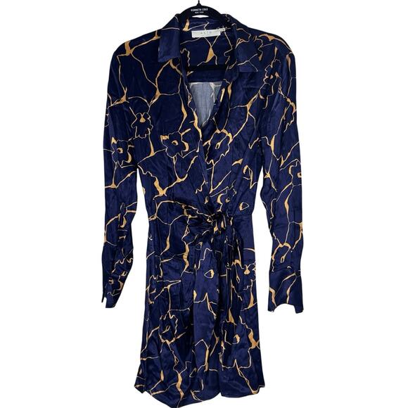 ASTR The Label Satin Floral Wrap Dress Navy Gold Long Sleeve Mini Size Small - Picture 1 of 9